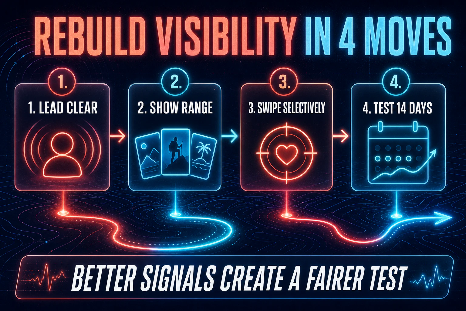 Four moves to rebuild Tinder visibility: lead clear, show range, swipe selectively, and test for 14 days