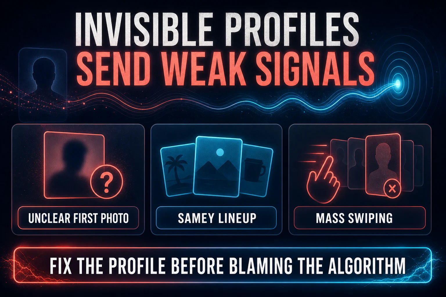 Invisible profiles send weak signals through an unclear first photo, a repetitive lineup, and mass swiping