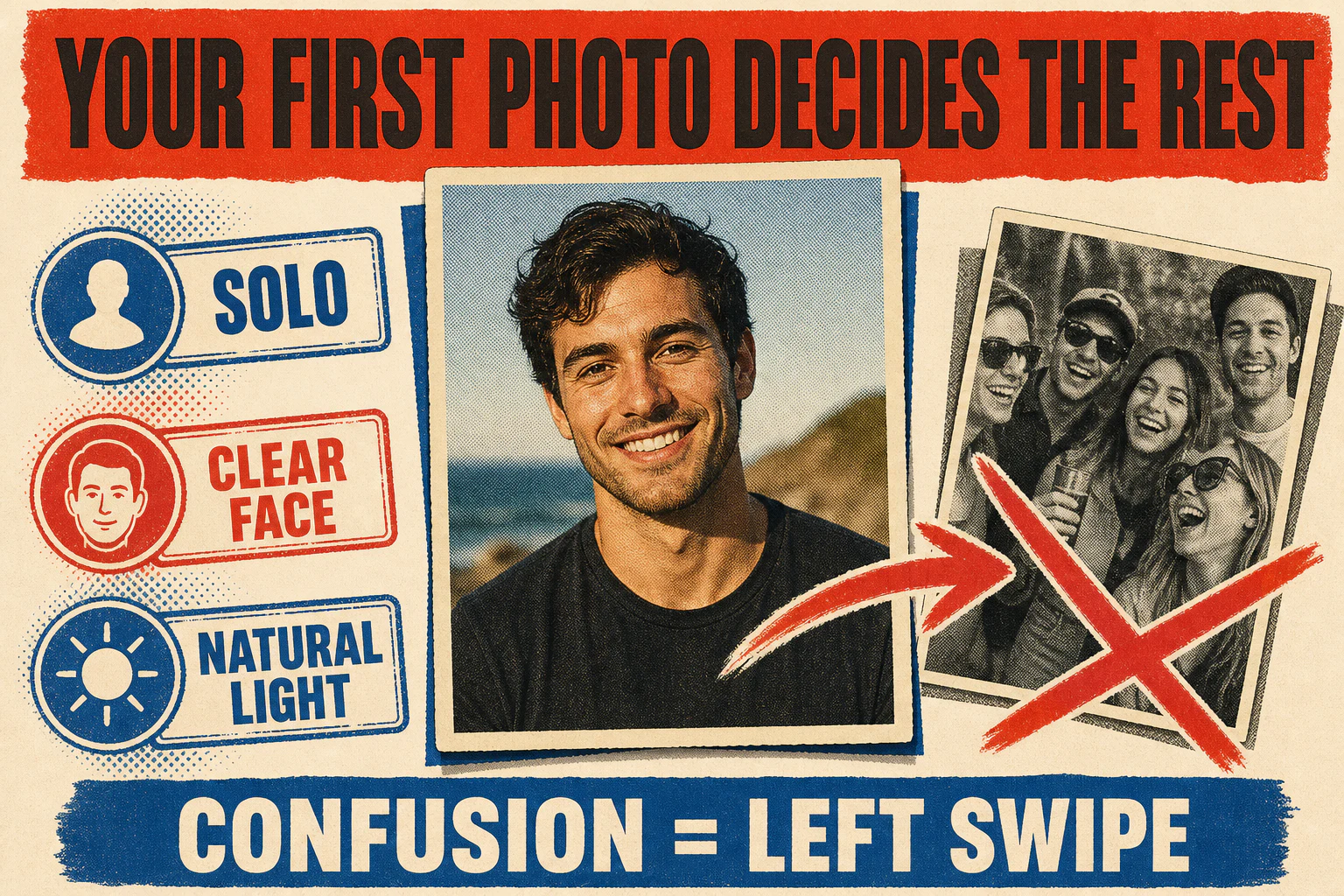 The first Tinder photo should be solo, show a clear face, and use natural light