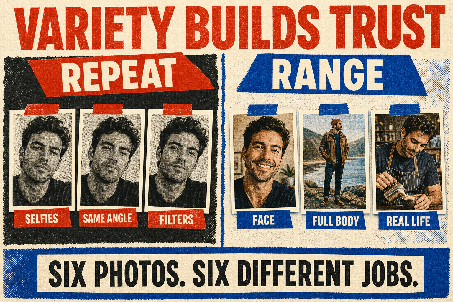 A varied Tinder photo lineup builds trust by showing face, full body, and real life instead of repeated selfies