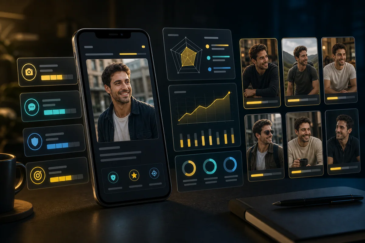 דשבורד פרופיל Bumble שמראה תמונה ראשונה, hook בביו, אמון וכוונה
