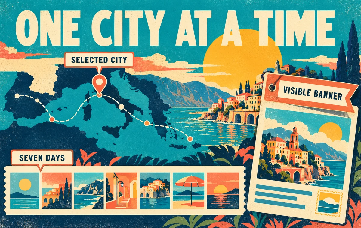 A luggage-label map showing one selected city, a seven-day window, and a visible Travel Mode banner