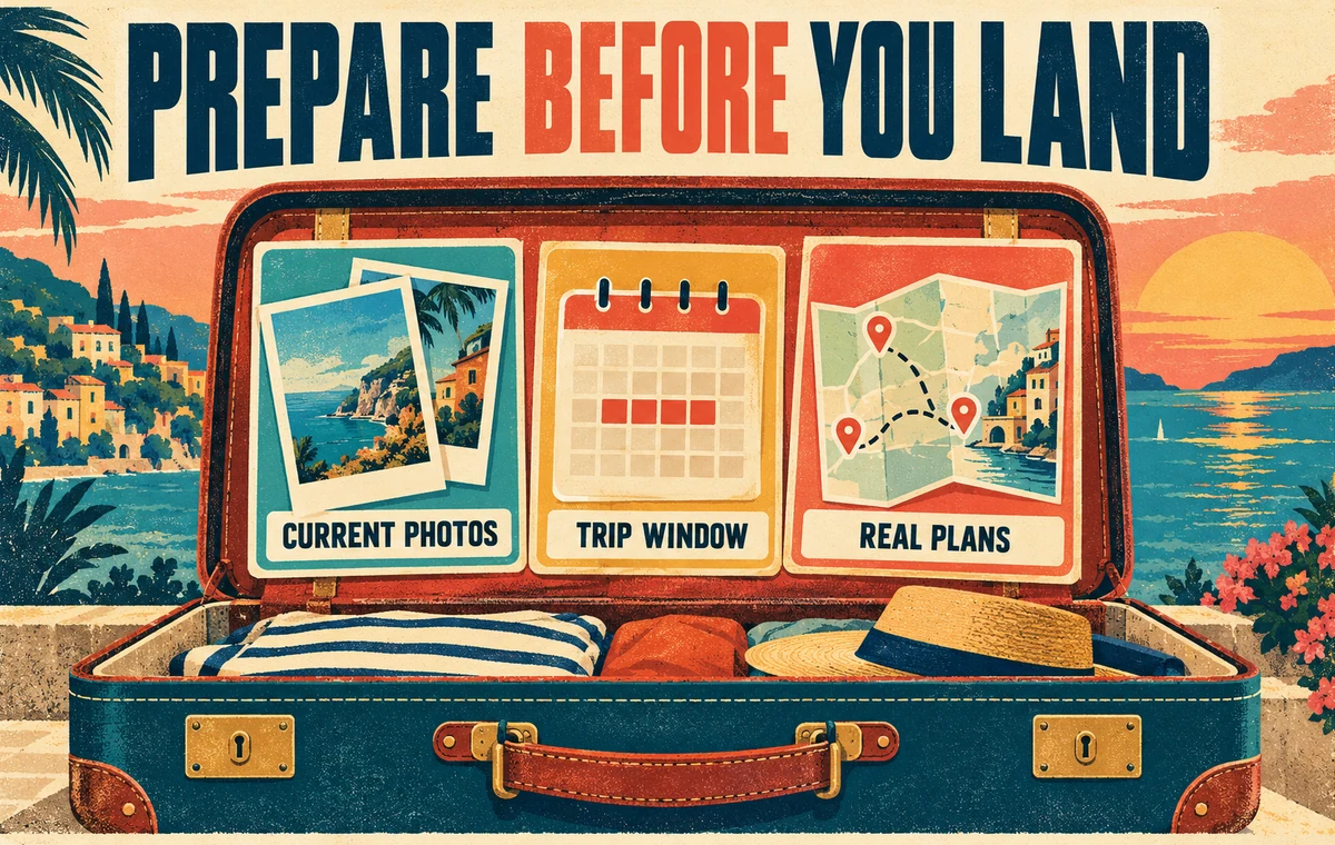 A vintage travel-poster checklist showing current photos, trip window, and real plans before arrival