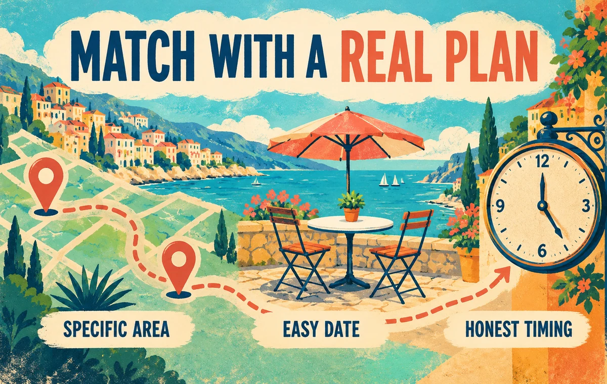 A sun-faded travel poster showing a specific area, an easy date, and honest timing