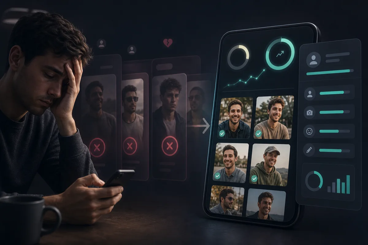 Dating app burnout dashboard showing low matches, swipe fatigue, and profile fixes