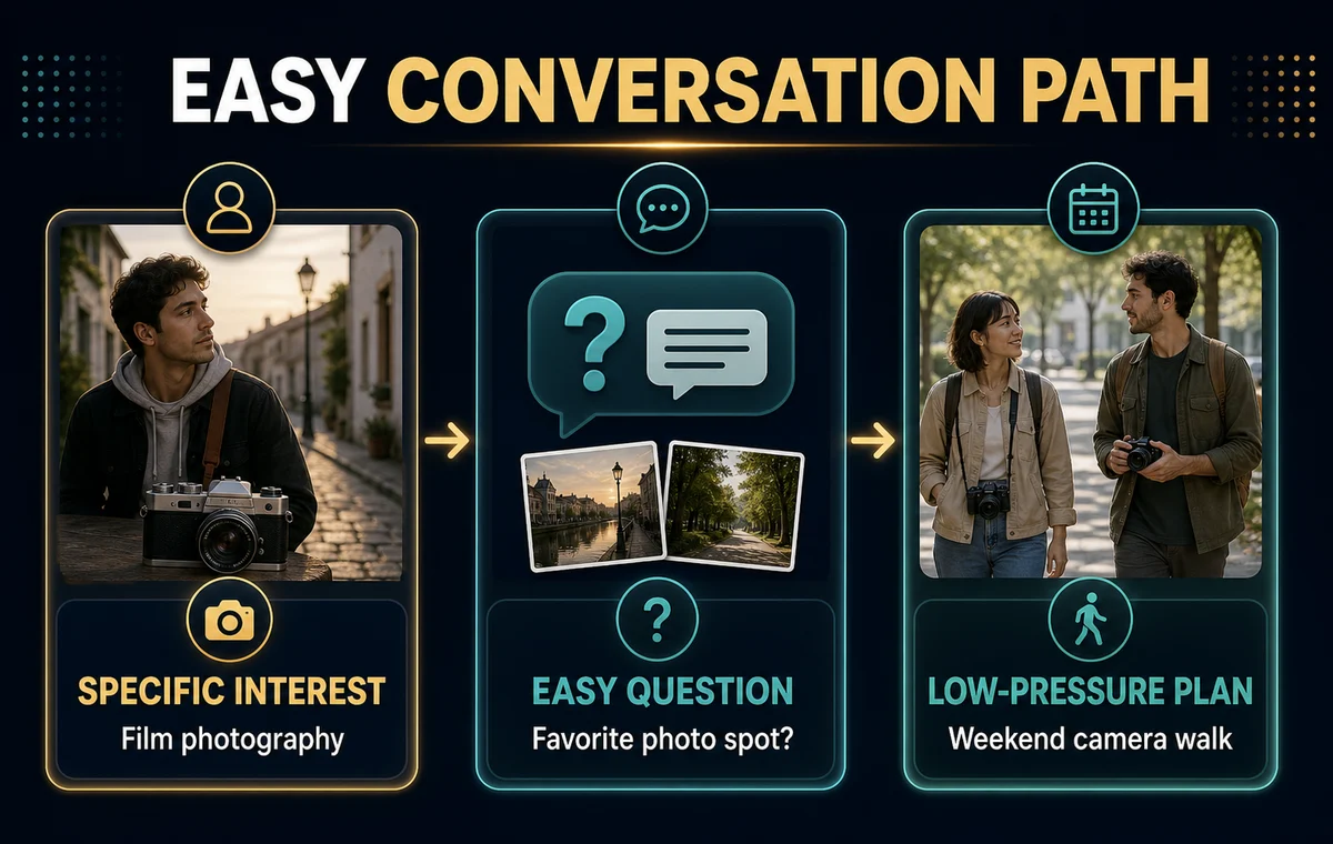 Introvert profile conversation path from specific interest to easy question and low-pressure plan