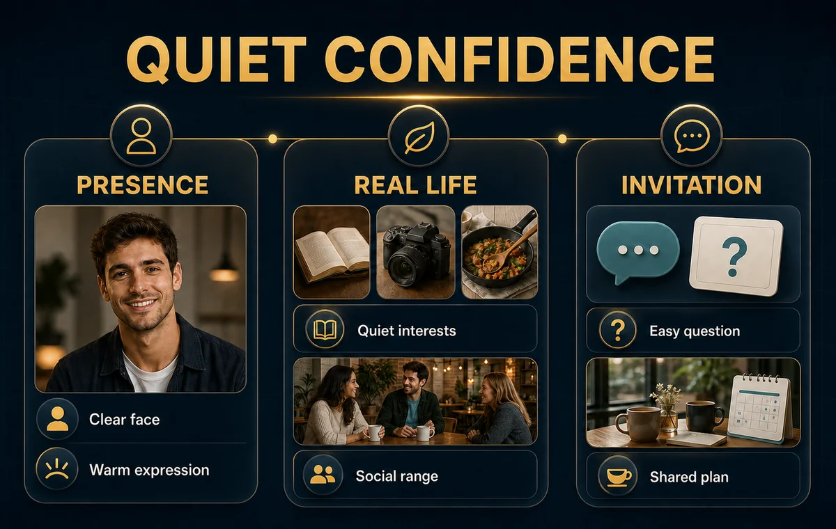 Quiet confidence dating profile framework showing presence, real life, and invitation
