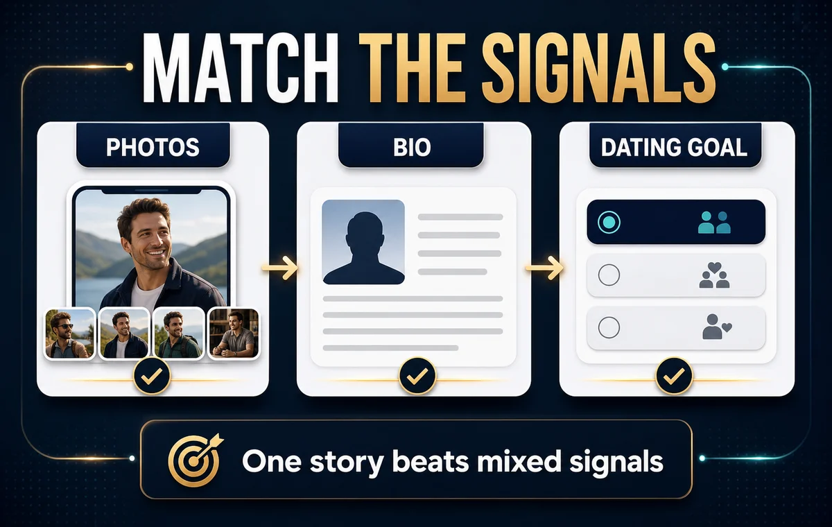Dating profile signals aligned across photos, bio, and dating goal