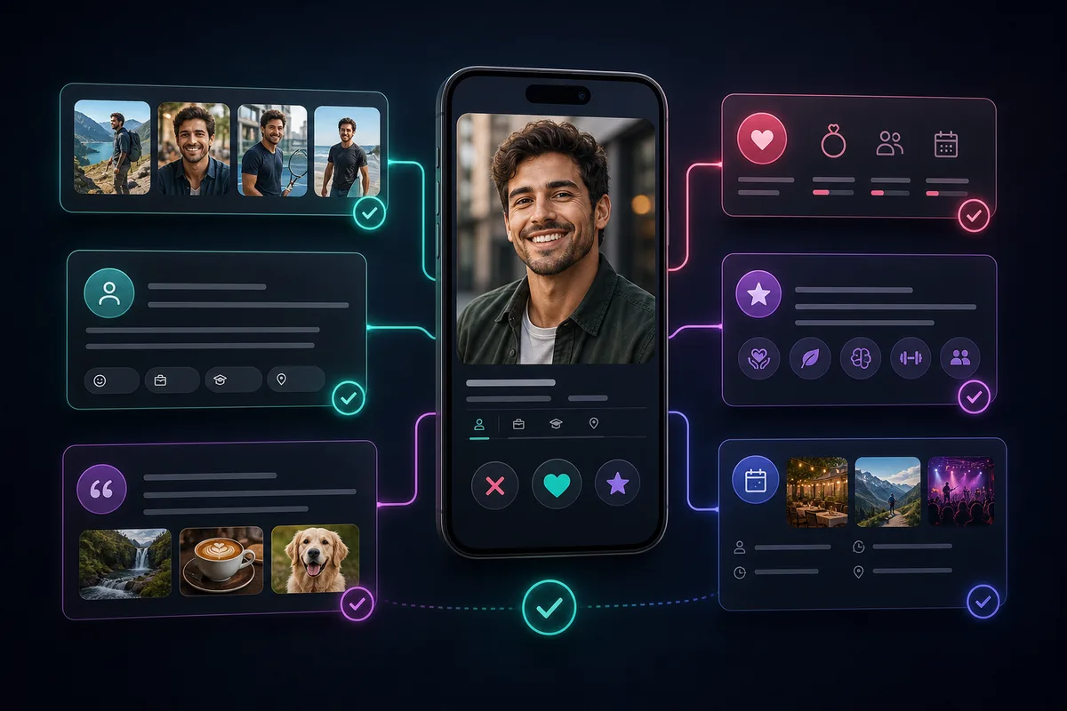 Dating profile alignment board showing photos, bio, prompts, and intent working together