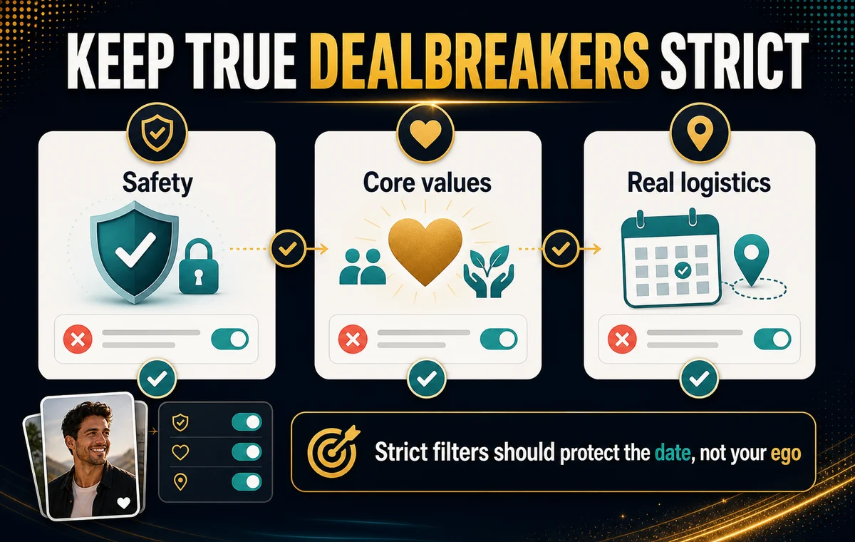 Hinge dealbreakers thumbnail showing filters for age, distance, intentions, and family plans