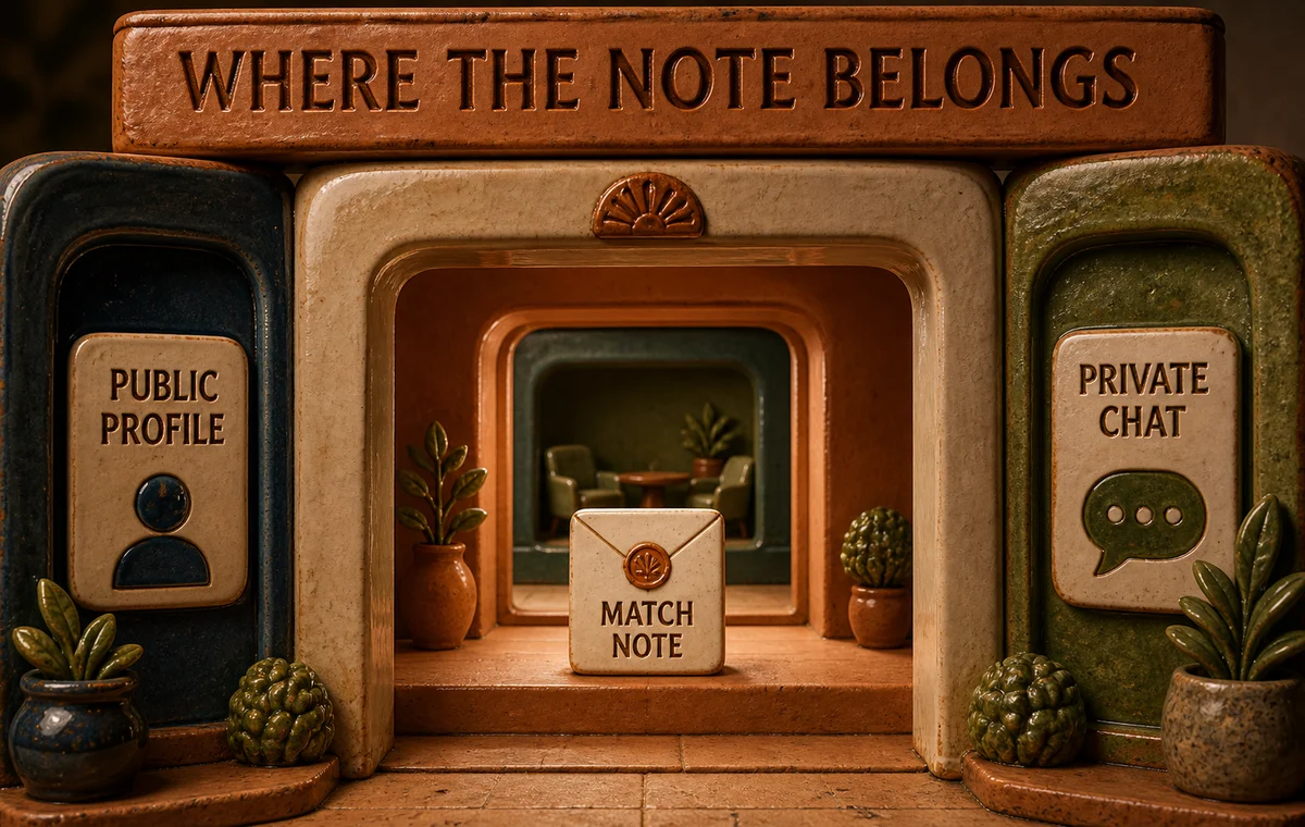A Match Note belongs between the public profile and the private first conversation