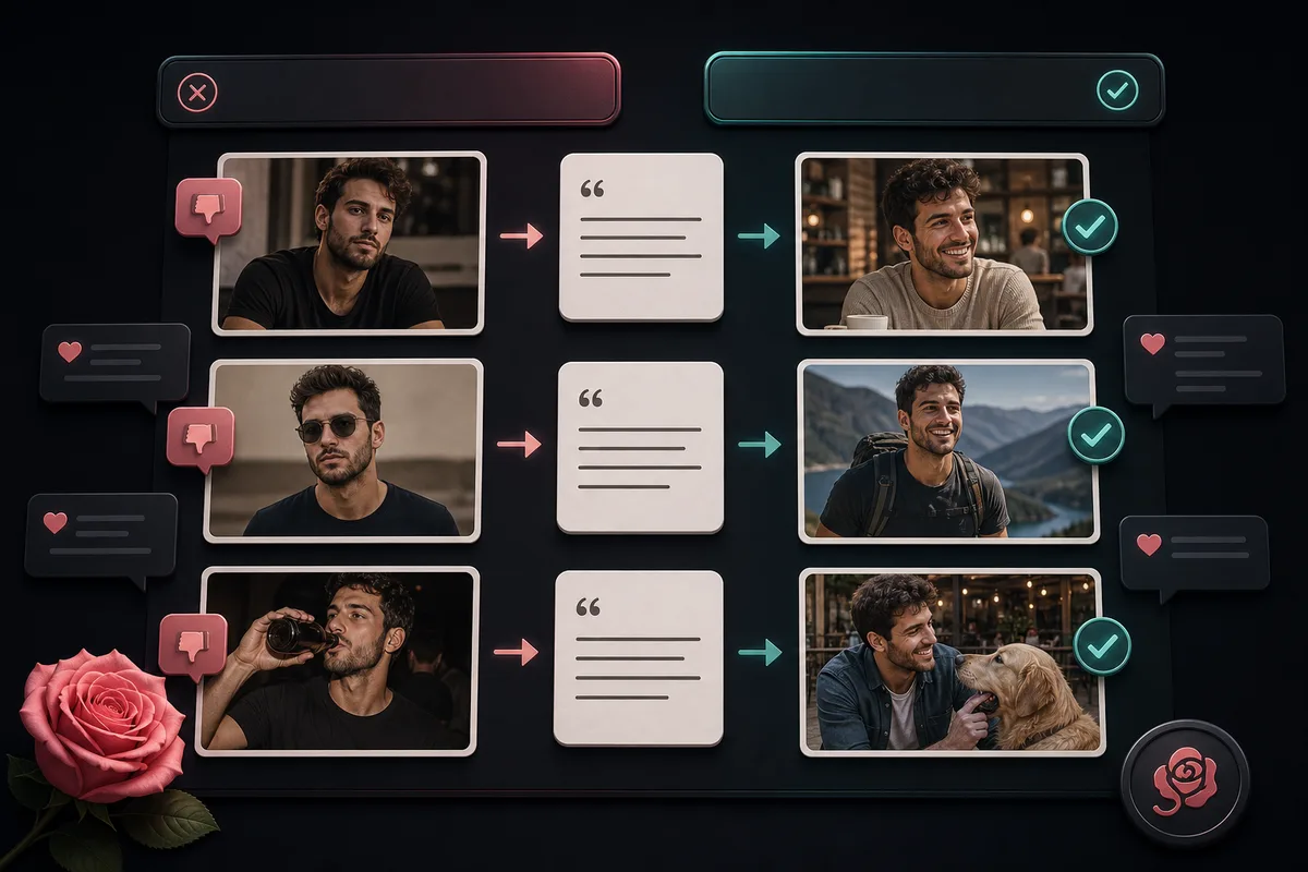 Hinge profile improvement board comparing weak prompt and photo signals against stronger ones