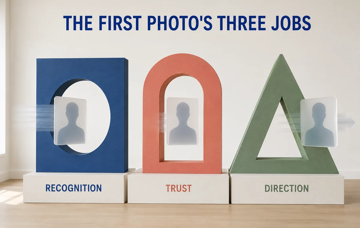 A lead photo needs quick recognition, believable trust, and a clear direction for the profile