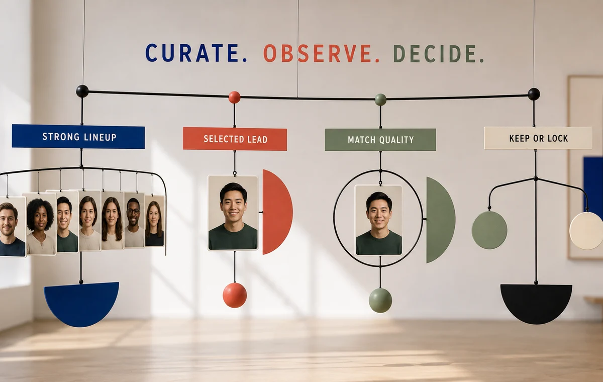 Curate the lineup, observe the selected lead, review match quality, then decide