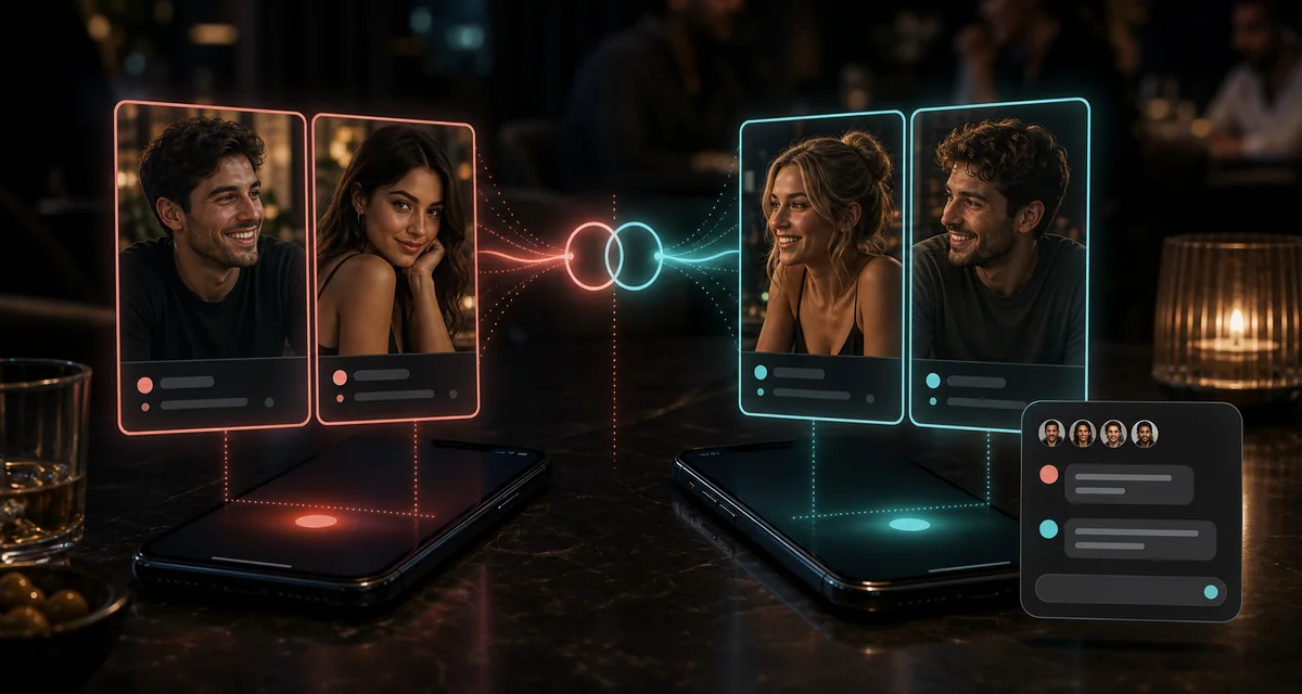 זרימת Tinder Double Date עם שני זוגות פרופילים וצ'אט קבוצתי