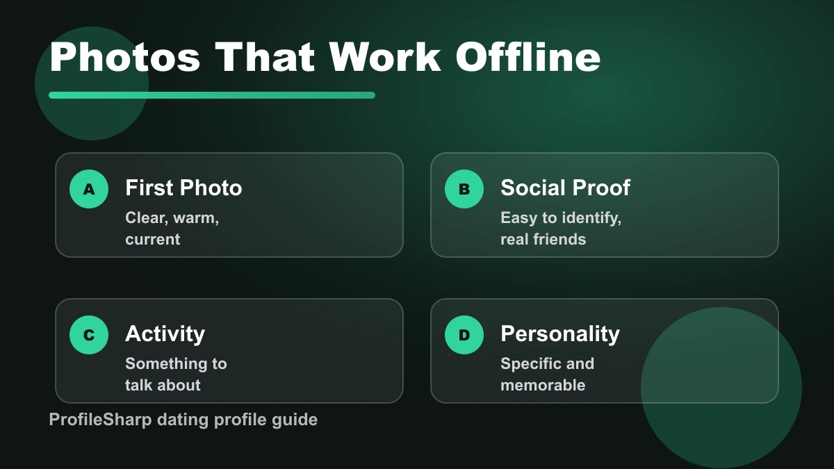 Tinder Events photo lineup showing first photo, social proof, activity, and personality
