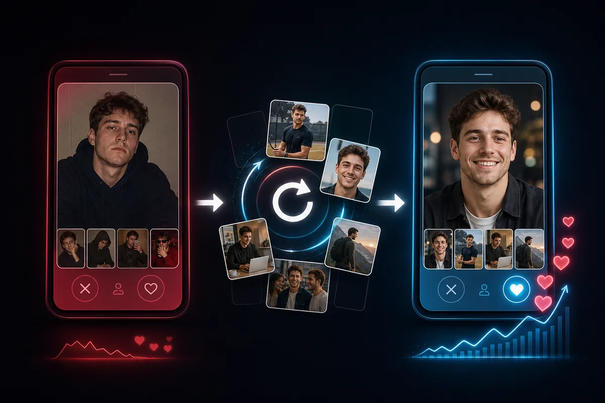תהליך איפוס Tinder שמראה מחיקת חשבון, בניית פרופיל מחדש והשקה עם תמונות חזקות יותר