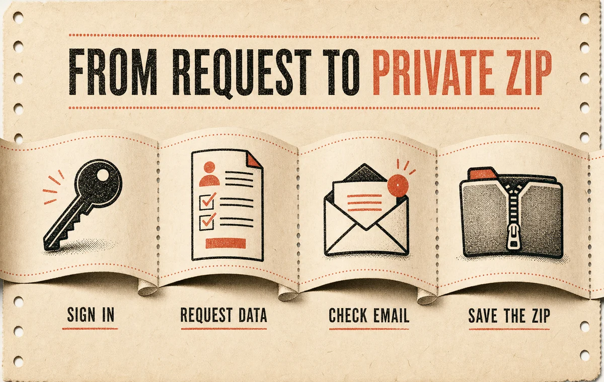 A data request moving from account login to a downloadable ZIP file