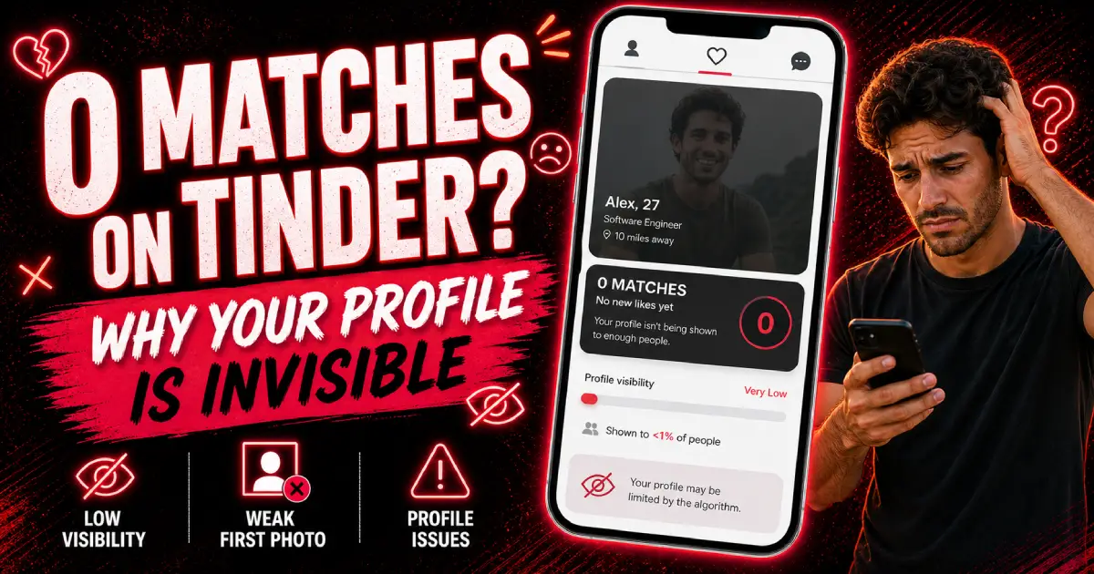 Tinder profile with zero matches showing on phone screen, illustrating algorithm suppression