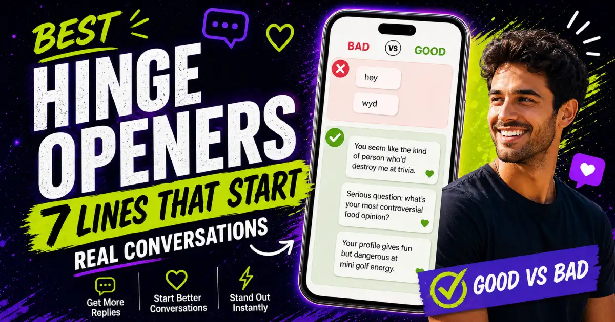 Examples of the best Hinge openers that start real conversations, showing good and bad first message formats