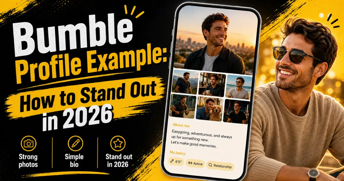 Example of a high-converting Bumble profile in 2026 showing photo lineup and bio tips for men