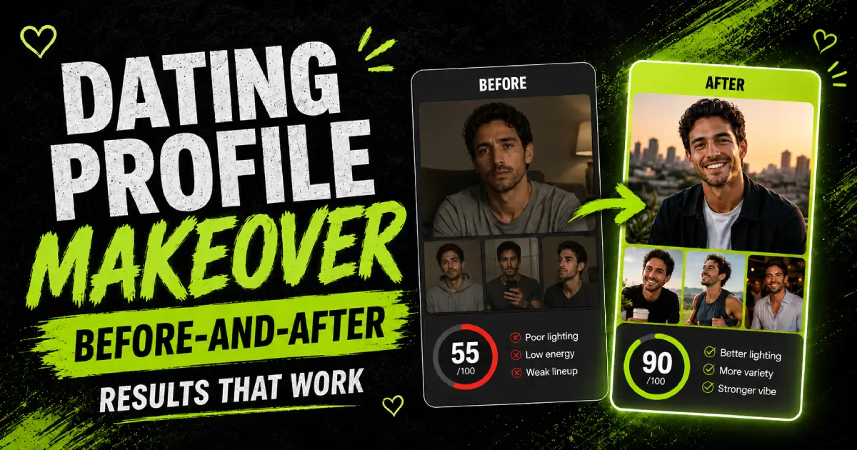 Dating profile makeover before and after showing photo improvements that increase matches