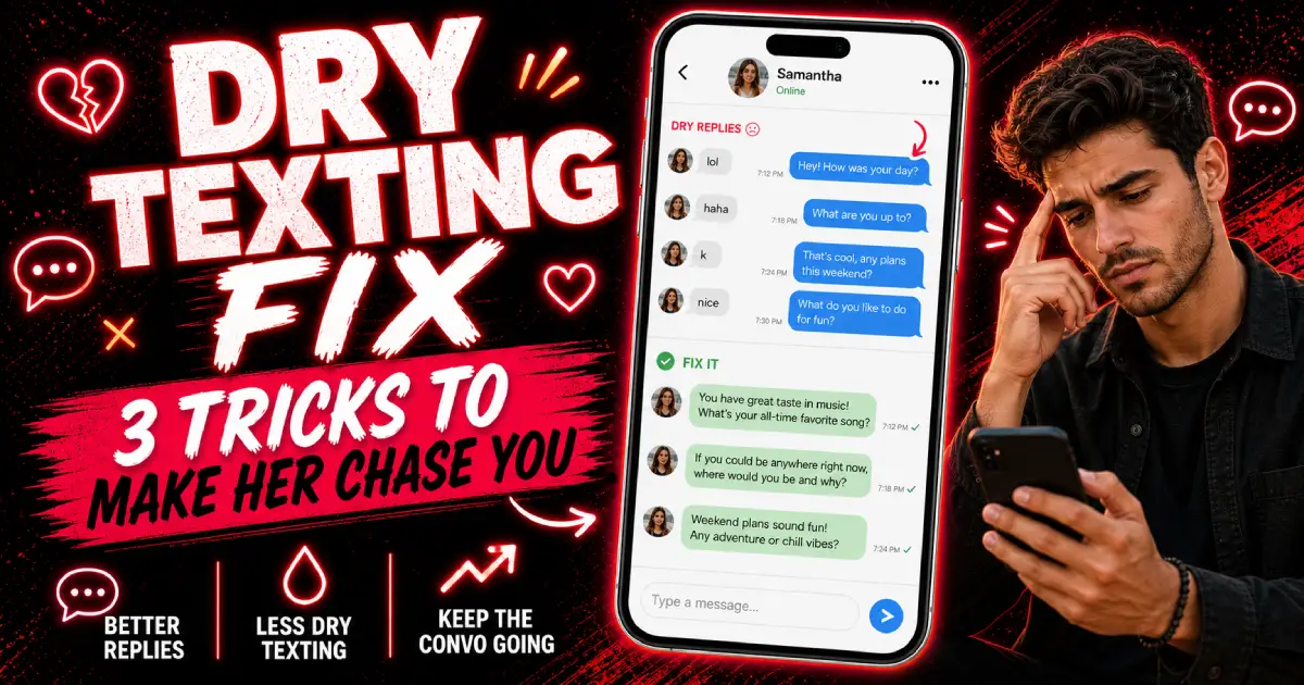 Phone showing one-word text replies, illustration of dry texting on a dating app