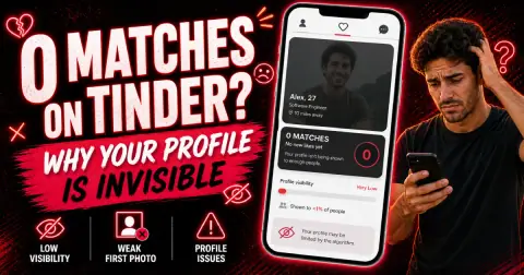 Tinder profile with zero matches showing on phone screen, illustrating algorithm suppression