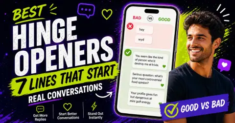 Examples of the best Hinge openers that start real conversations, showing good and bad first message formats