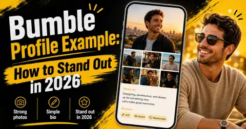 Example of a high-converting Bumble profile in 2026 showing photo lineup and bio tips for men
