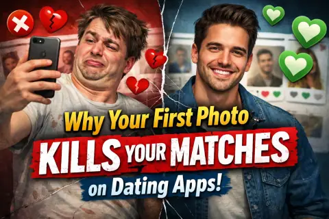 Dating profile first photo comparison showing common mistakes vs optimal photo