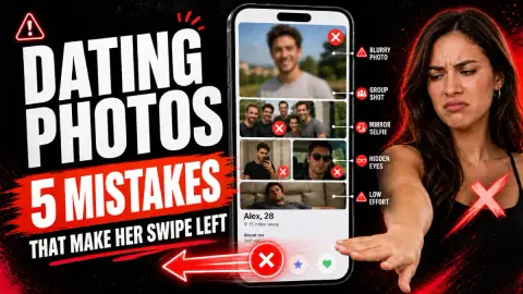 Examples of common dating photo mistakes that cause swipe lefts on Hinge, Tinder, and Bumble