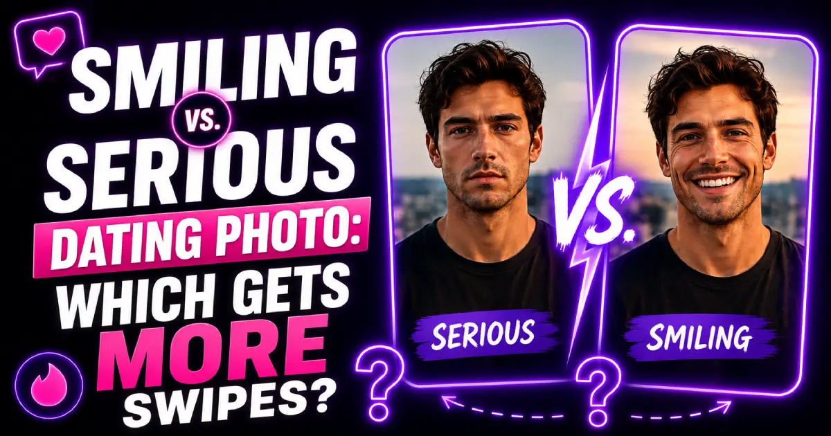 Comparison of smiling vs serious expression in dating profile photos to see which gets more matches